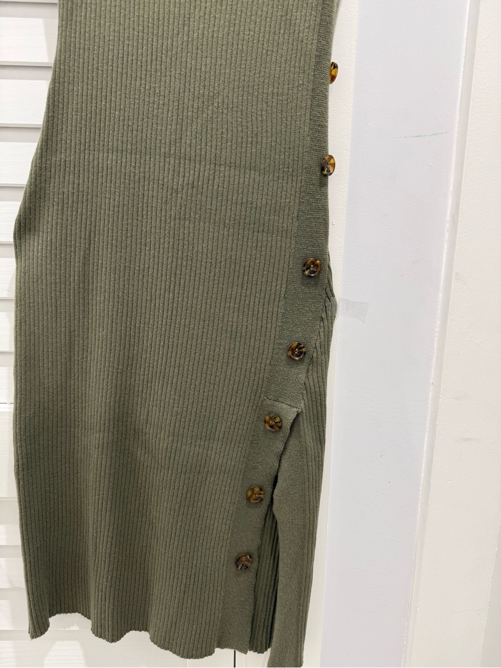 Bose Olive Ribbed Sleeveless Midi Dress with Side Button Accents - Picture 3 of 5